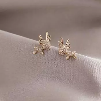 Серьги серебряные полные бриллиантов маленькие серьги-гвоздики в виде лося корейский темперамент маленькие милые элегантные серьги холодный ветер женские
