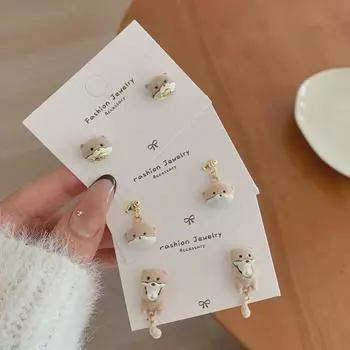Серьги серии Cute Otter: Silver Needle, мультяшный дизайн для осени и зимы