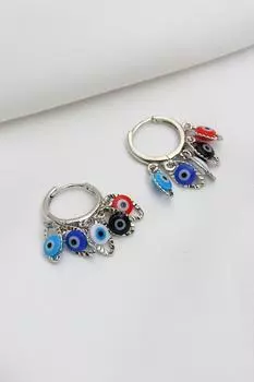 Серьги Шакира серебряного цвета с разноцветными бусинами от сглаза