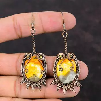 Серьги «Шмель-пчела» из яшмы, серьги из медной проволоки, уникальные серьги ручной работы, ювелирные изделия из драгоценных камней, серьги-капли, подарок для мамы, медные украшения