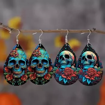 Серьги-слезинки в виде цветка и черепа, симпатичные подвески для девочек, ювелирные изделия для женщин синий