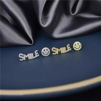 Серьги-смайлик с инкрустацией из стерлингового серебра S925, женские асимметричные серьги-гвоздики со смайликом, изящные ювелирные изделия для подарка на вечеринку золотой