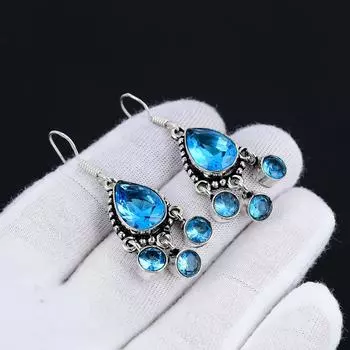 Серьги со швейцарским голубым топазом, серьги с драгоценными камнями, старинные серебряные серьги с голубым топазом, ювелирные изделия из серебра 925 пробы, серьги с драгоценными камнями для нее 1.57 синий