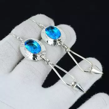 Серьги со швейцарским голубым топазом, серебряные серьги, овальные серьги с топазом и драгоценными камнями, серьги из стерлингового серебра 925 пробы, натуральный драгоценный камень, серьги для медитации 3.14 синий
