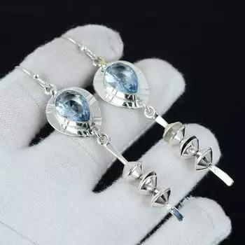 Серьги со швейцарским голубым топазом, серебряные серьги, серьги с драгоценными камнями грушевидного топаза, серьги из стерлингового серебра 925 пробы, натуральный драгоценный камень, серьги для медитации 3.14 синий