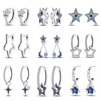 Серьги со звездами, 100% серебро, синий циркон, серьги-гвоздики, кулон, ювелирные изделия для женщин, сверкающие серьги-кольца для вечеринки белый
