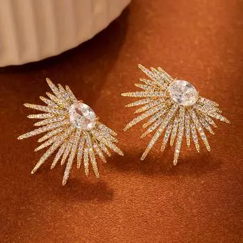 Серьги «Солнечные лучи» для женщин, с цирконом для легкой роскоши и роскоши, винтажный и уникальный ювелирный подарок золотой