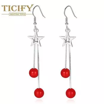 Серьги средней длины с красным жемчугом в стиле деревенского ветра, пятиугольник, крючки для ушей, темперамент