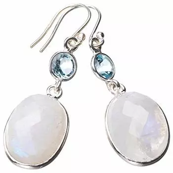 Серьги StarGems® из натурального радужного лунного камня и голубого топаза ручной работы из стерлингового серебра 925 пробы 1,75 дюйма E0802