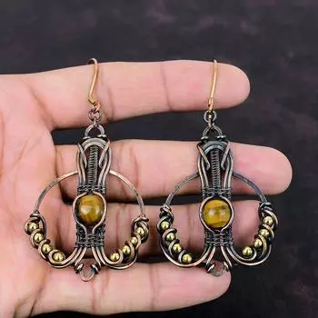 Серьги Тигровый глаз Серьги из медной проволоки Ювелирные изделия из драгоценных камней Висячие серьги Медные украшения ручной работы Подарок для мамы Дизайнерские серьги