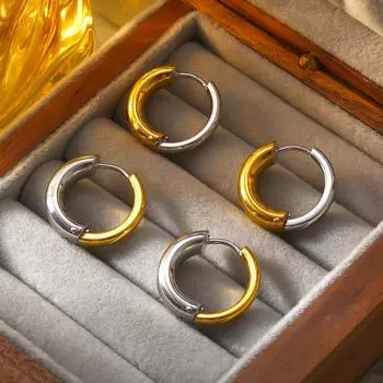 Серьги Trends двухцветные сращивающиеся круглые простые и холодные из титановой стали с покрытием из настоящего золота 18 карат, универсальные серьги премиум-класса