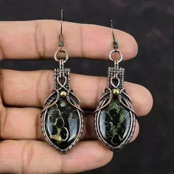 Серьги Turritella с агатом, серьги из медной проволоки, ювелирные изделия из драгоценных камней, серьги ручной работы, ювелирные изделия из медной проволоки, подарки для сережек с камнями по рождению