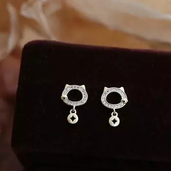 Серьги, украшенные бриллиантами, медные монеты, серьги в виде кошки на удачу, женские маленькие ароматные креативные серьги, простые и модные серьги