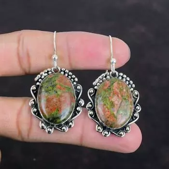 Серьги Unakite Серьги с драгоценными камнями Серьги ручной работы Элегантные ювелирные изделия Серьги из стерлингового серебра 925 пробы Дизайнерские серьги Подарки для мамы Приличные ювелирные изделия