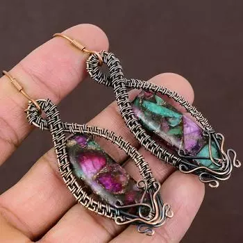Серьги-ювелирные изделия из медной проволоки, созданные вручную в лабораторных условиях, рубиновый цоизит 3,23 u9h53