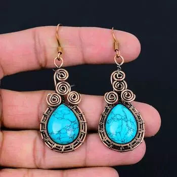 Серьги ювелирных изделий ручной работы из чистой медной проволоки с бирюзовым драгоценным камнем на День памяти 2.56 Inches синий