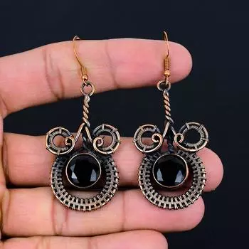 Серьги ювелирных изделий ручной работы из чистой медной проволоки черного оникса с драгоценным камнем на День памяти 2.56 Inches чёрный