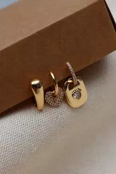 Серьги Vip золотого цвета из 3 частей с цирконом и камнем в форме сердца