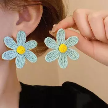 Серьги в этническом стиле с подсолнухами, серьги-гвоздики из рафии, милые плетеные аксессуары для ушей, пляж оранжевый