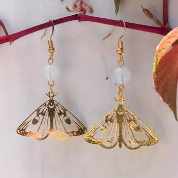 Серьги в богемном стиле, золотые серьги, серьги-феи-бабочки, серьги с прозрачными кристаллами