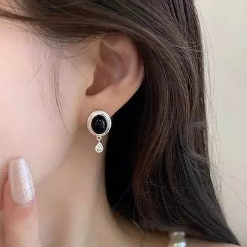 Серьги в форме капли воды из стерлингового серебра 925 пробы с черно-белым агатом Высококачественные серьги во французском винтажном стиле Элегантные гибкие серьги 925