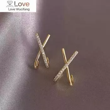 Серьги в форме креста X с покрытием из настоящего золота 14 карат, металлические циркониевые, женские повседневные аксессуары, корейские модные украшения для вечеринок для девушек белый