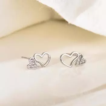 Серьги в форме полого сердца с бриллиантами Двойные серьги в форме сердца Маленькие милые серьги Новый стиль Легкая роскошь
