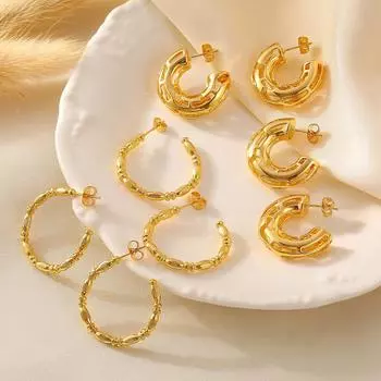 Серьги в форме С, нерегулярные, простые, с кольцом, темперамент, ретро-дизайн, медный материал, покрытый 18-каратным настоящим золотом, точечные украшения для ушей