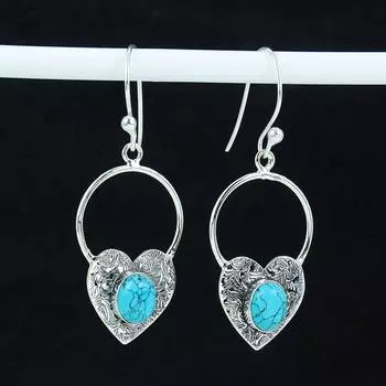 Серьги в форме сердца из натурального бирюзового камня, серьги из стерлингового серебра 925 пробы, серьги-подвески из серебра ручной работы в стиле бохо, подарок на вечеринку 1.77 зелёный