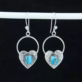 Серьги в форме сердца из натурального медно-бирюзового камня, серьги из стерлингового серебра 925 пробы, серьги-подвески из серебра ручной работы в стиле бохо, подарок из ваты 1.77 синий