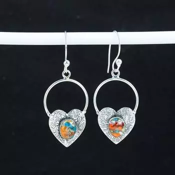 Серьги в форме сердца с натуральным оранжевым колючим камнем-устрицей, серьги из стерлингового серебра 925 пробы, серьги-подвески из серебра ручной работы в стиле бохо, подарок из ваты 1.77 оранжевый