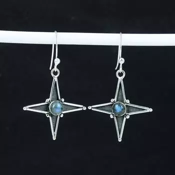 Серьги в форме звезды с натуральным лабрадоритом, драгоценным камнем, 925 пробы, серьги из стерлингового серебра, серебряные ювелирные изделия ручной работы в стиле бохо, висячие серьги, подарок на день рождения 1.77 синий