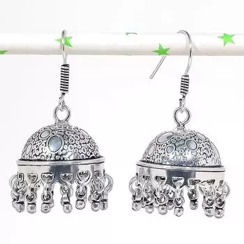 Серьги в индийском стиле Jhumki с драгоценным камнем, серебряные серьги в племенном стиле Бали, 1,97 дюйма, i2O96