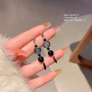 Серьги в китайском стиле с бусинами из стекла и чернильными брызгами и иглами из серебра 925 пробы A1322 серебряный