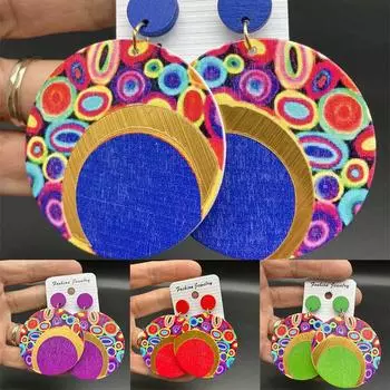 Серьги в стиле бохо с орнаментом, большие деревянные серьги, цветные печатные серьги 6.2*5cm чёрный