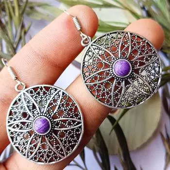 Серьги в стиле бохо с покрытием из серебра 925 пробы и драгоценным камнем чароит ALT-2351 4CM фиолетовый