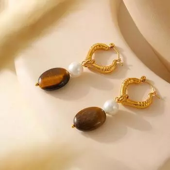 Серьги в стиле Хепберн с имитацией жемчуга и камнями тигровый глаз, ювелирные изделия из 18-каратного золота с покрытием из нержавеющей стали