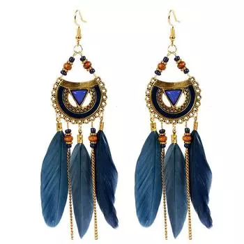 Серьги в стиле Юньнань для путешествий, ретро-перья, бахрома, длинные аксессуары, фото на побережье, универсальные серьги для женщин, темперамент темно-синий