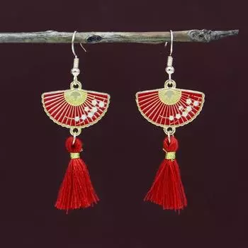 Серьги в стиле ретро-китайского стиля с красной бахромой, новогодние серьги в национальном стиле, универсальные праздничные серьги для женщин, для выступлений и фотографий