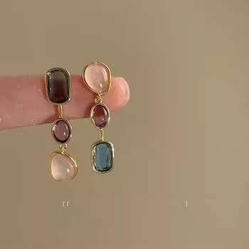 Серьги в стиле ретро с асимметричным камнем кошачий глаз и иглой из серебра 925 пробы — легкий роскошный стиль A1320 золотой