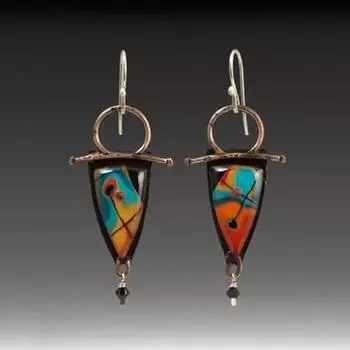 Серьги в стиле ретро с геометрическим абстрактным узором Европейские и американские серьги Древняя красная медь Капли воды Эмаль Серьги ручной работы