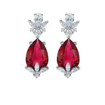 Серьги в стиле ретро с красными каплями и кристаллами. Женские серьги с красными кристаллами в форме листьев, инкрустированные бриллиантами.