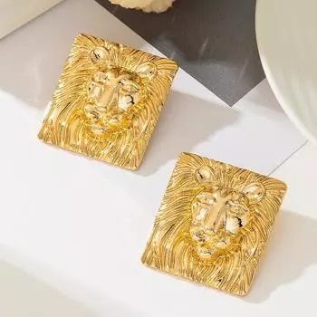 Серьги в стиле ретро с преувеличенной квадратной головой льва золотой