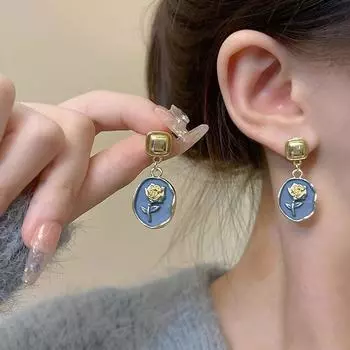 Серьги в стиле ретро с синей розой, серьги-подвески из металла иглы для женщин, классические модные европейские украшения для ушей, подарок синий