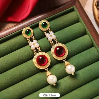 Серьги в стиле ретро-средневековья, красочные сокровища, серьги с глазурованным жемчугом, преувеличенный придворный стиль, нишевая индивидуальность, серьги-пусеты в стиле барокко для женщин