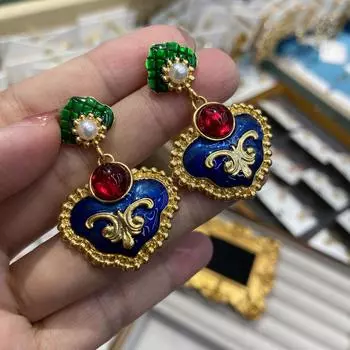 Серьги в стиле ретро в китайском стиле, серьги с позолоченной эмалью, серьги с позолоченным медным жемчугом, сохраняющим цвет.