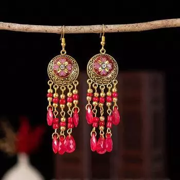 Серьги в стиле ретро в стиле бохо, бисерные украшения в виде капель воды, модные серьги из Юньнань, универсальные красный