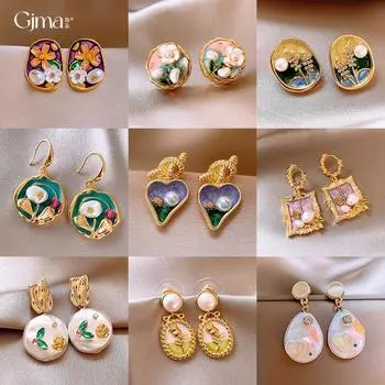 Серьги в стиле «Сад Моне» с изображением маслом «Цветок любви» Серьги в модном стиле Милые и свежие серьги