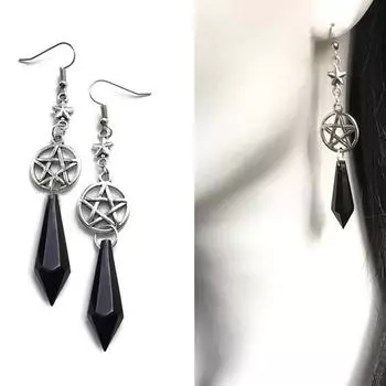Серьги в виде готических звезд, украшения в виде таинственной ведьмы для женщин и девочек, аксессуары, подарки, серьги с черным кристаллом серебряный