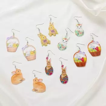 Серьги в виде кролика, пасхальные, расписанные яичной скорлупой, украшенные цветочной корзиной, эстетичные украшения, акрил, винтаж, тренд, креатив, сладкая мода
